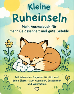 Buchcover „Kleine Ruheinseln – Mein Ausmalbuch für mehr Gelassenheit und gute Gefühle“ mit schlafendem Fuchs